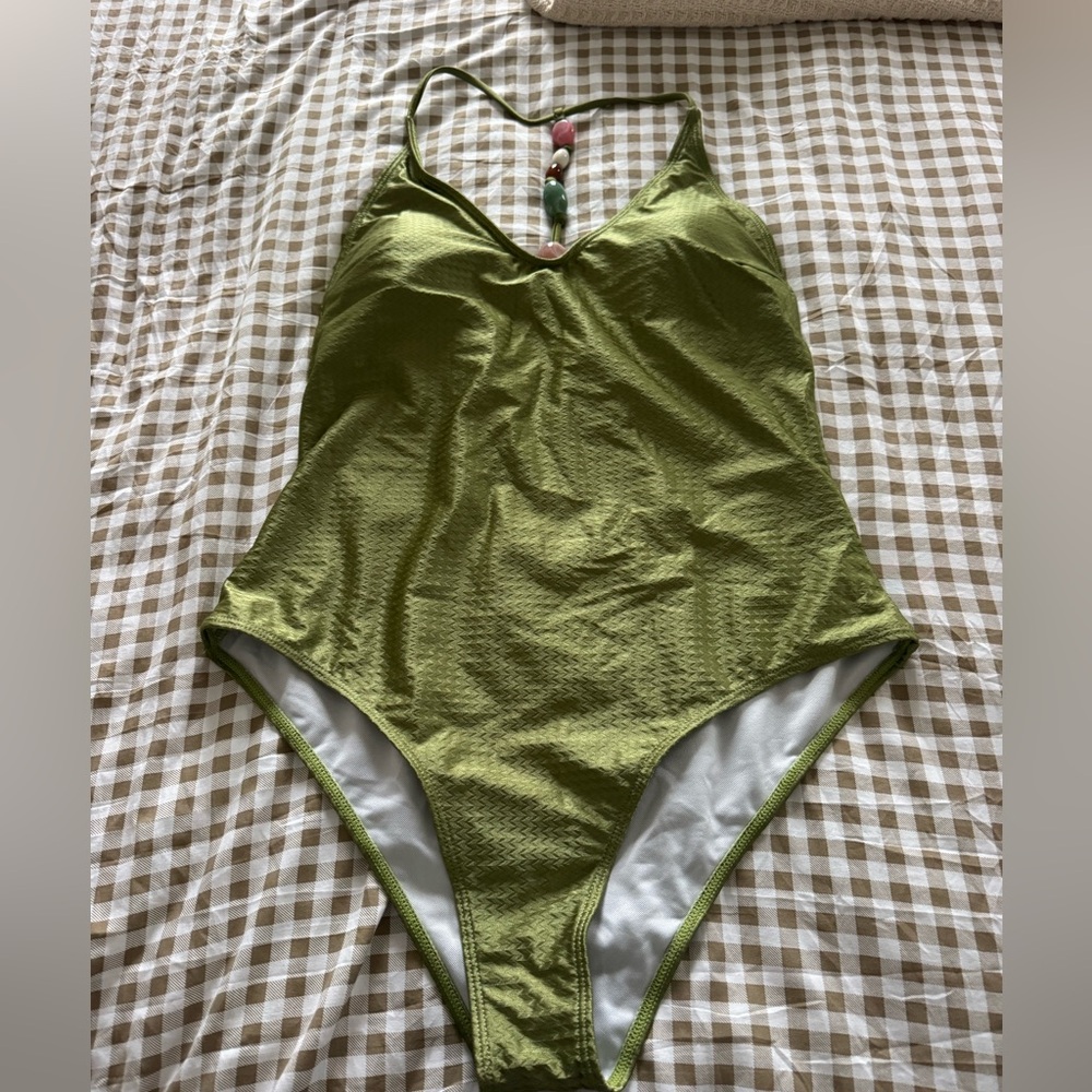 Olive Green Textured Women's One Piece Swimsuit